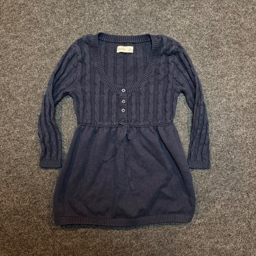 Hollister Navy Blue Cable Knit Empire Waist Button Front Tunic Sweater XS